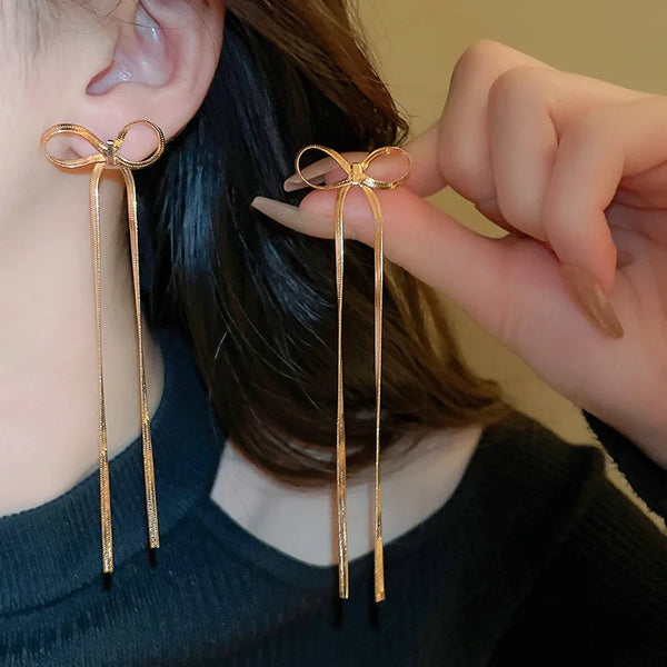 Fashion Long Tassel Bow Earrings for Women Stainless Steel Flat Snake Chain Bowknot Drop Earrings Statement Jewelry Girls Gift