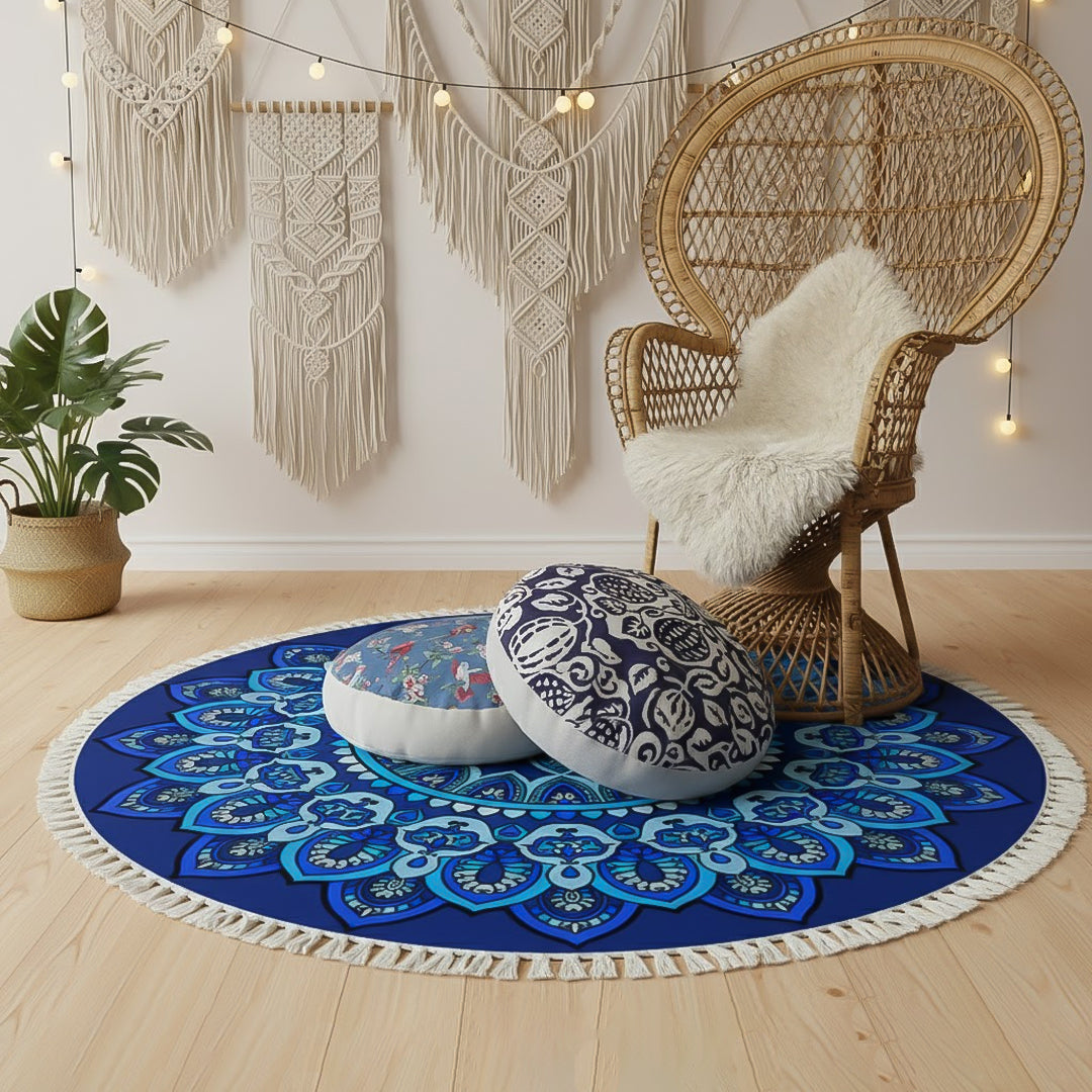 SOGA Home & Living Bundle – Polyester-Cotton Pillows & Blue Mandala Round Carpet Decor