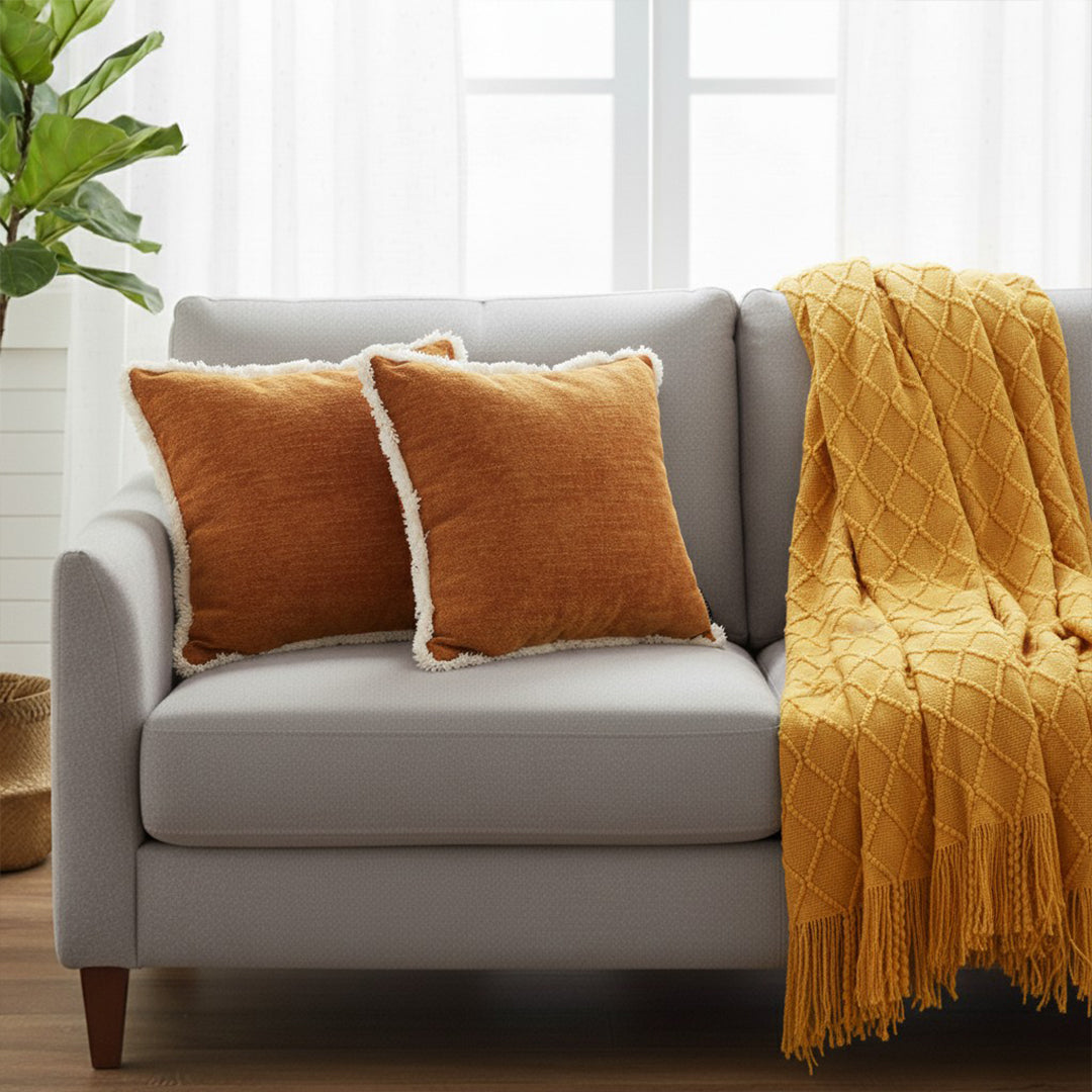SOGA Home & Living Bundle – 2 Sunset Orange Chenille Pillow & Yellow Diamond Knitted Blanket