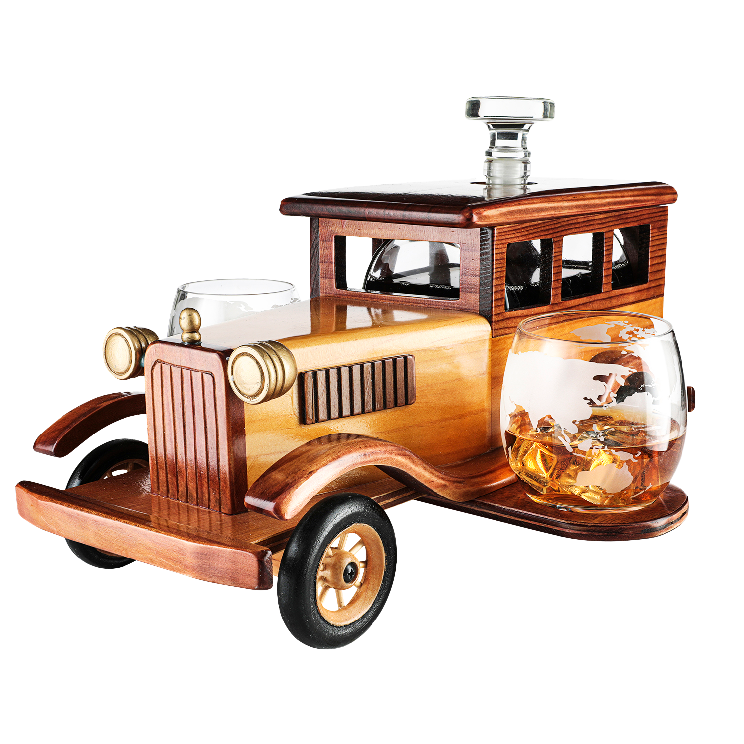 Old Fashioned Car Whiskey Decanter Set, Very Large 15" x 13" x 7" 750ml Decanter Spigot, and 2-10oz Whiskey Tumbler Old Fashion Glasses, Old Fashioned Vintage Car, Limited Edition, Great Bar Gift