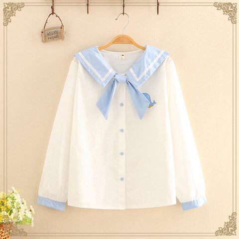 Vintage Sailor White Shirts Women Blouse Cute Bow Tie Front