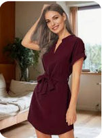 V-neck Short Sleeve Dress With Belt
