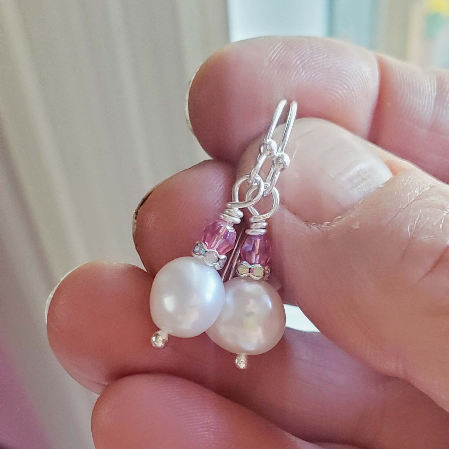 10mm Freshwater Baroque Pearl Sterling Silver Crystal Dangle Earrings