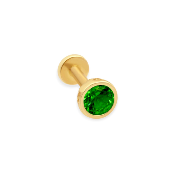 14K Solid Gold Bezel Setting Green Emerald Piercing Flat Back Stud-0