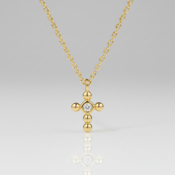 14K Solid Gold Dainty Cross Bezel Setting Diamond Necklace