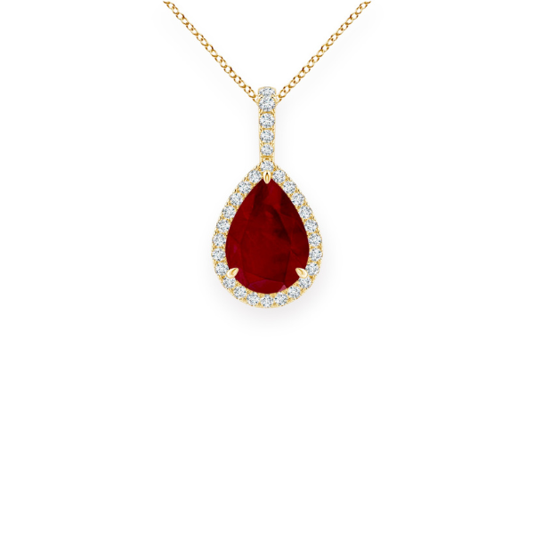 14K Solid Gold Ruby Halo Style Pear Diamond Necklace-0