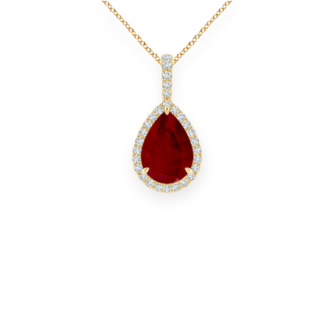 14K Solid Gold Ruby Halo Style Pear Diamond Necklace-0