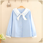 Vintage Sailor White Shirts Women Blouse Cute Bow Tie Front