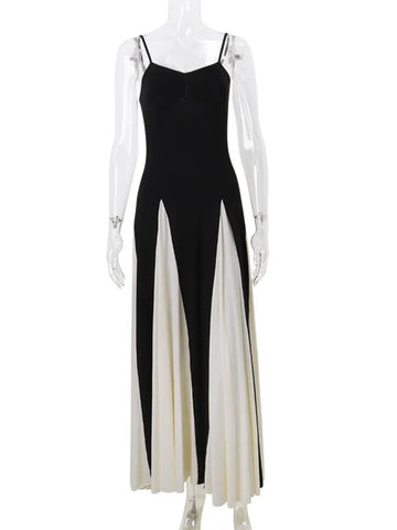 Elegant Patchwork Spaghetti Strap Long Dress for Women Fashion Sleeveless Backless Sexy Evening Maxi Dress Fashion