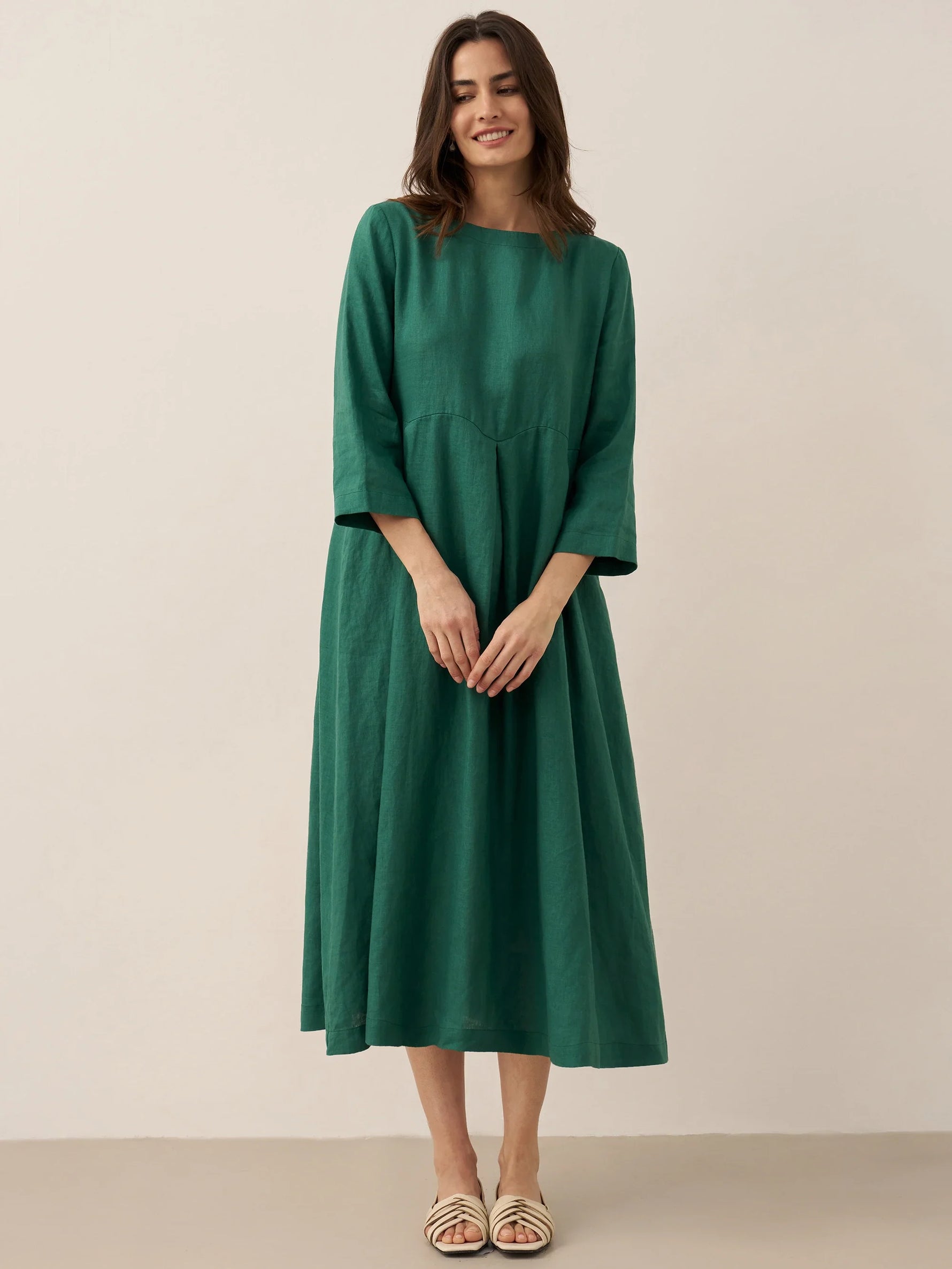 100% Linen Bateau Neck Pleated Maxi Dress ABIGAIL