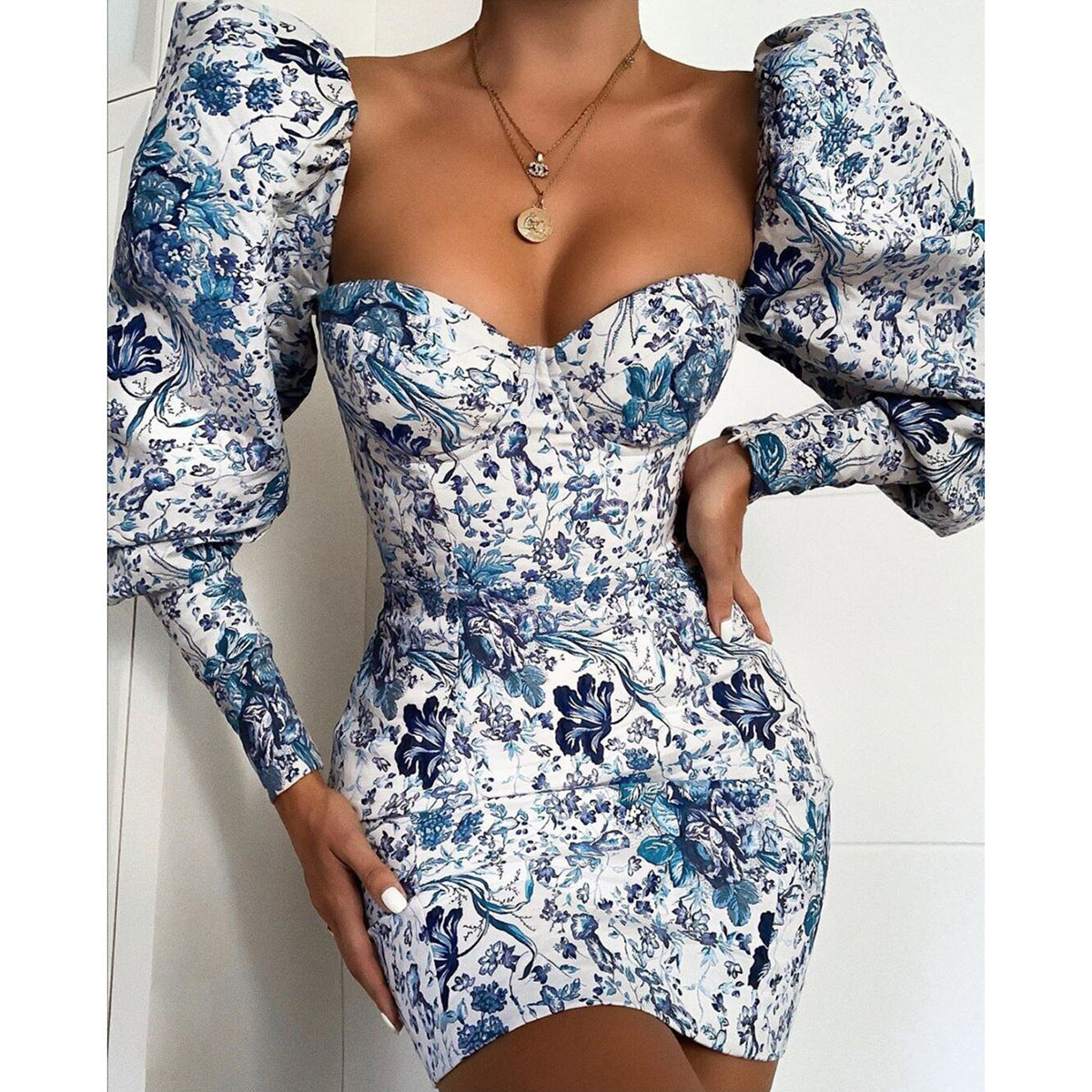 Printed Puff Sleeve Sheath Dress in "Caroline"