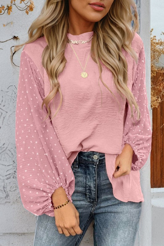 Solid Swiss Dot Balloon Sleeve Blouse