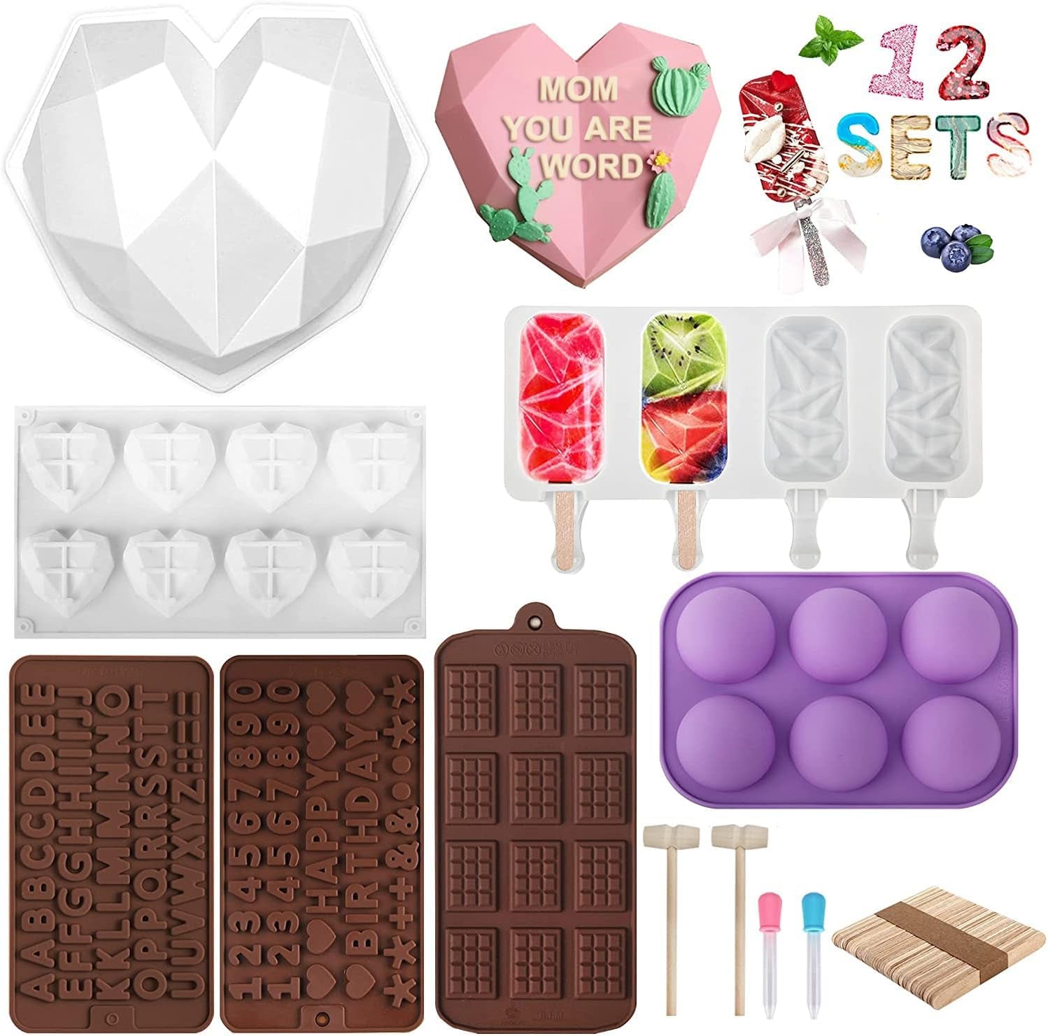Silicone Heart Molds Set, 8 Cavities Heart Cake Mold, Popsicle Molds with 50 Sticks, Letter and Number Chocolate Molds, 6 Holes Semi Sphere Molds for Baking Valentines Day Decor Gifts, Purple