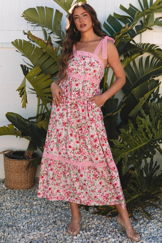 Floral Lace Tied-Strap Empire Waist Maxi Dress