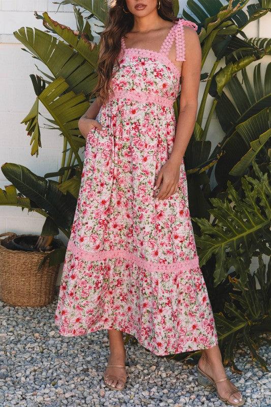 Floral Lace Tied-Strap Empire Waist Maxi Dress