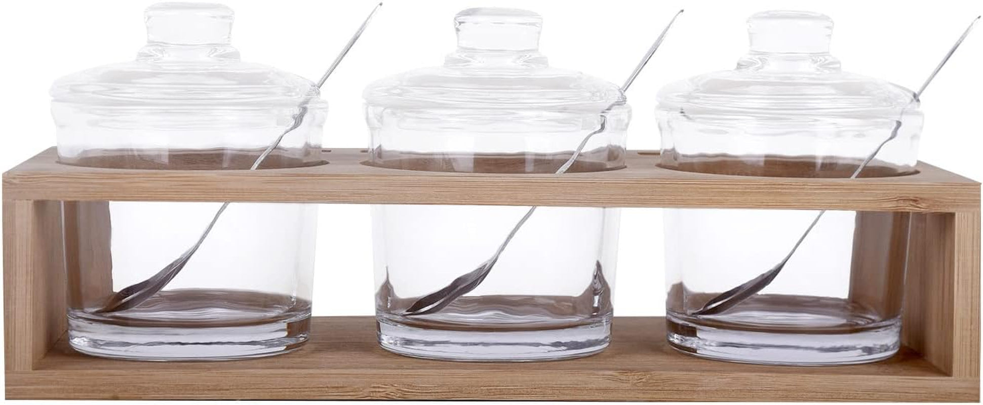 Set of 3 Glass Sugar Bowl with Lid and Sugar Serving Spoon, Wooden Tray with Hanging Lids, Salt and Spice Holder
