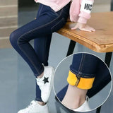 Girls Winter Cowboy Denim Long Pants Kids Thicken Warm Bootcuts Skinny Thick Leggings with Fleece Elastic Waist Trousers