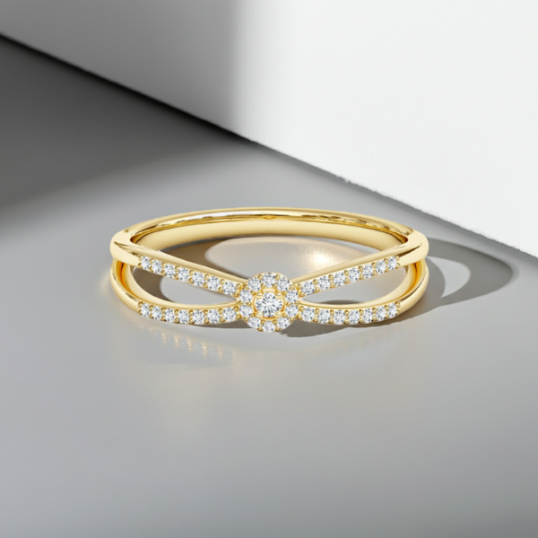 Elegant 14K Solid Gold 2 Band Diamond Ring