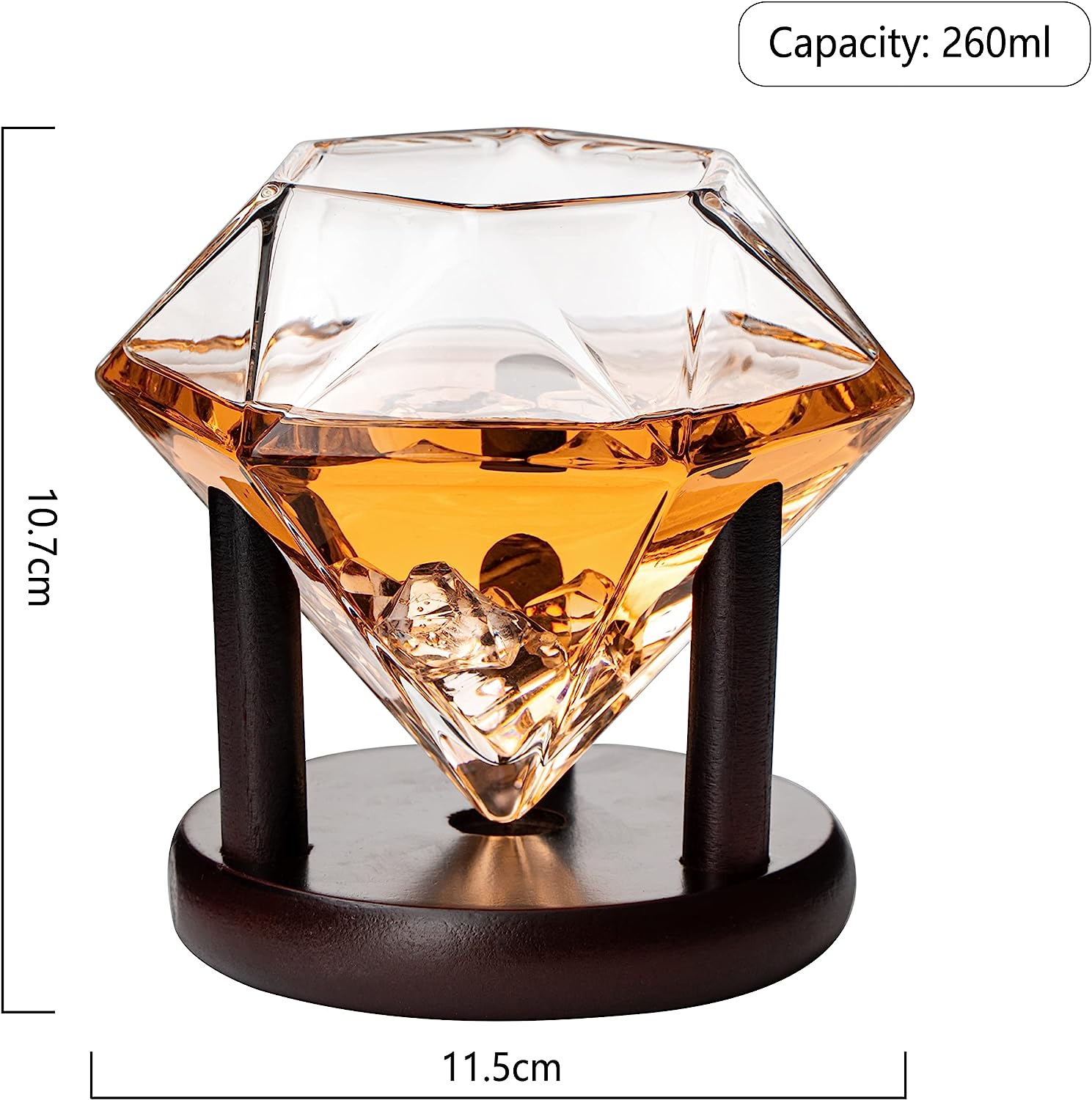 Set of 4 Diamond Whiskey & Wine Glasses With Wood Stands 10oz - Wine, Whiskey, Water, Diamond Shaped, Diamonds Collection Sparkle Patented Wine Savant - Stands Alone, Or on Stand