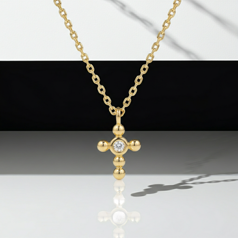 14K Solid Gold Dainty Cross Bezel Setting Diamond Necklace