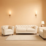 Three Piece Velvet Chesterfield Living Room Sofa Set Beige With Club Chair And Loveseat