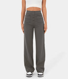 Fashion New Women'S Straight-Leg Casual Pants High-Waisted Buttoned Elastic Pockets Multiple Pockets Solid Pants