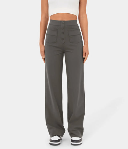 Fashion New Women'S Straight-Leg Casual Pants High-Waisted Buttoned Elastic Pockets Multiple Pockets Solid Pants