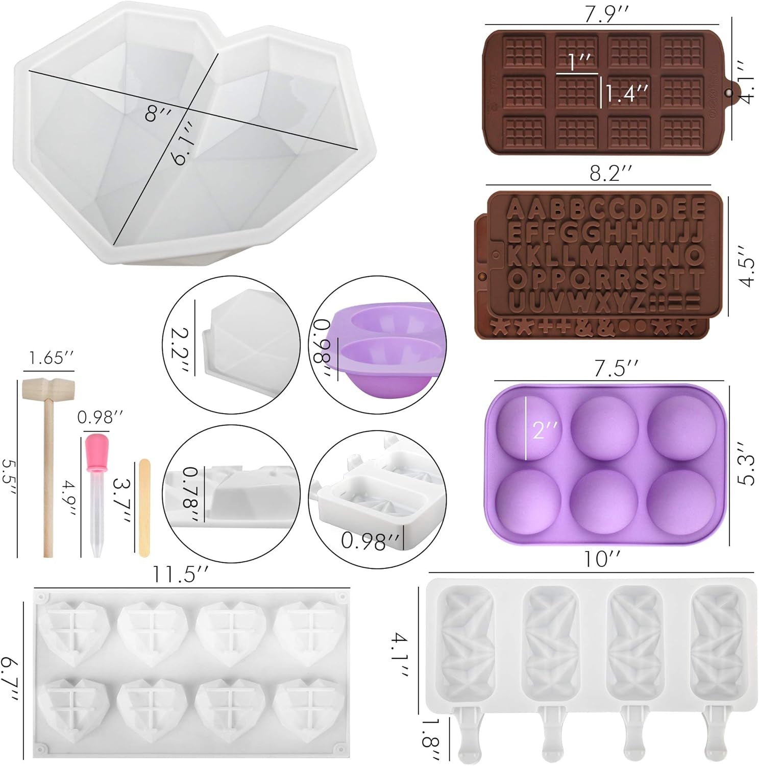Silicone Heart Molds Set, 8 Cavities Heart Cake Mold, Popsicle Molds with 50 Sticks, Letter and Number Chocolate Molds, 6 Holes Semi Sphere Molds for Baking Valentines Day Decor Gifts, Purple
