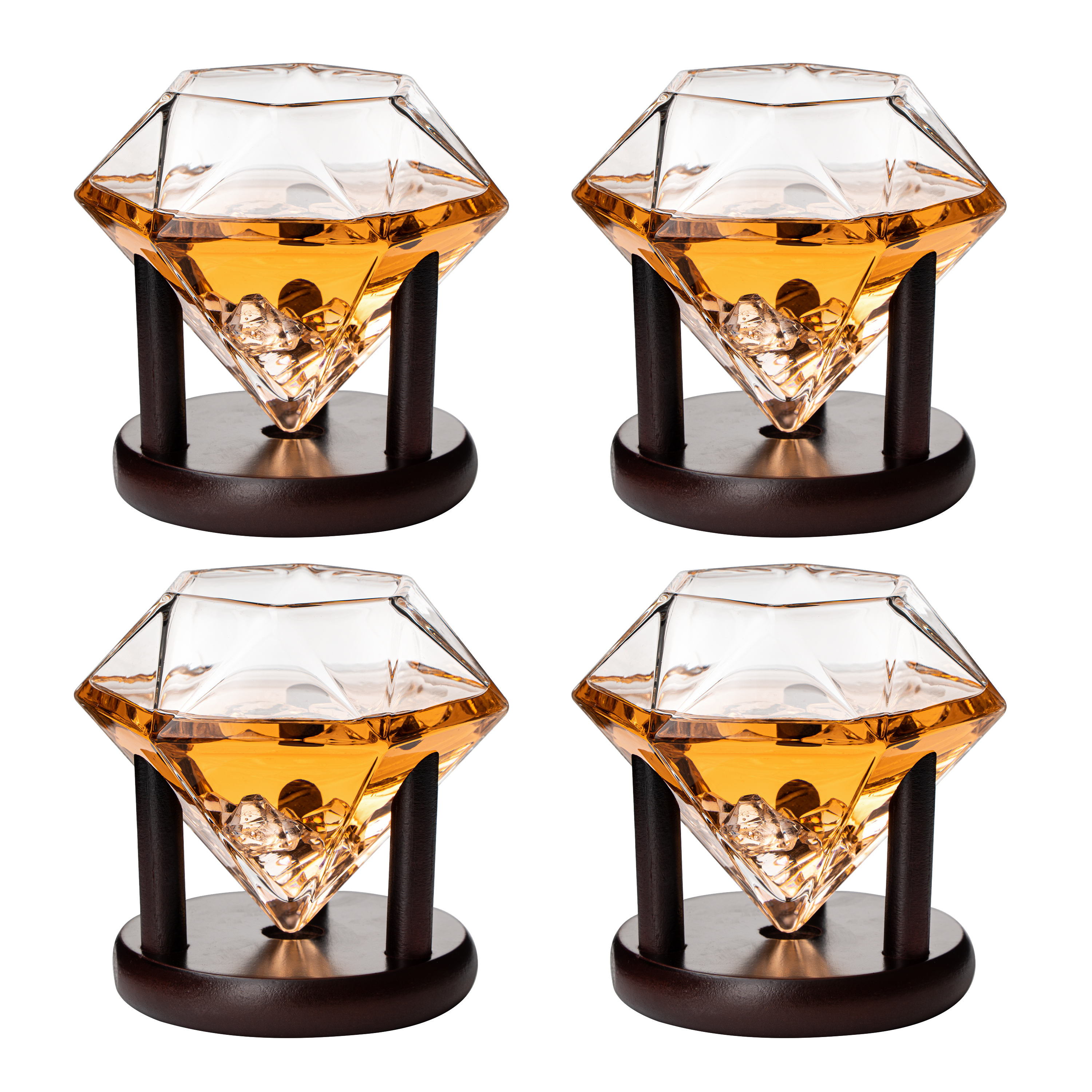 Set of 4 Diamond Whiskey & Wine Glasses With Wood Stands 10oz - Wine, Whiskey, Water, Diamond Shaped, Diamonds Collection Sparkle Patented Wine Savant - Stands Alone, Or on Stand