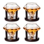 Set of 4 Diamond Whiskey & Wine Glasses With Wood Stands 10oz - Wine, Whiskey, Water, Diamond Shaped, Diamonds Collection Sparkle Patented Wine Savant - Stands Alone, Or on Stand