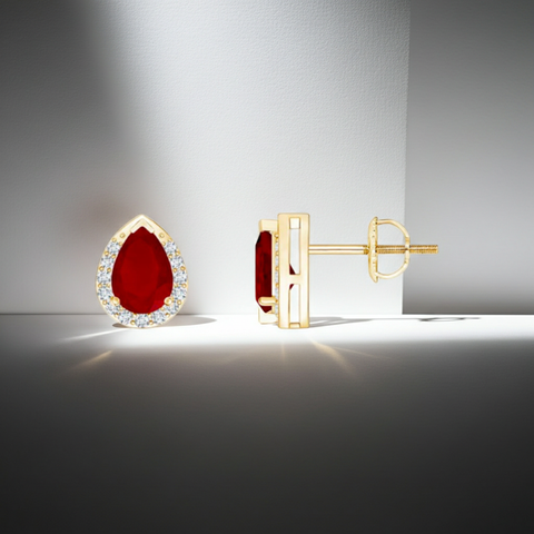 14K Solid Gold Diamond Halo Pear Shape Ruby Earrings-0