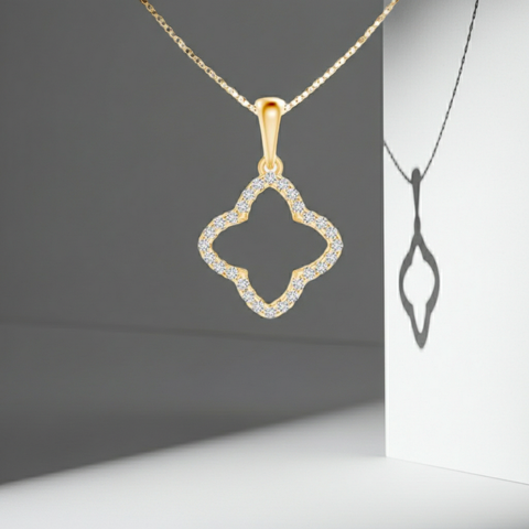 14K Solid Gold Clover Diamond Necklace-0