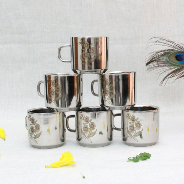 Stainless Steel Tea Cups Set of 6|Coffee Mug Set of 6 Cold Outside Hot Inside| Floral Design Tea Mug