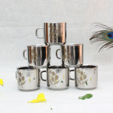 Stainless Steel Tea Cups Set of 6|Coffee Mug Set of 6 Cold Outside Hot Inside| Floral Design Tea Mug