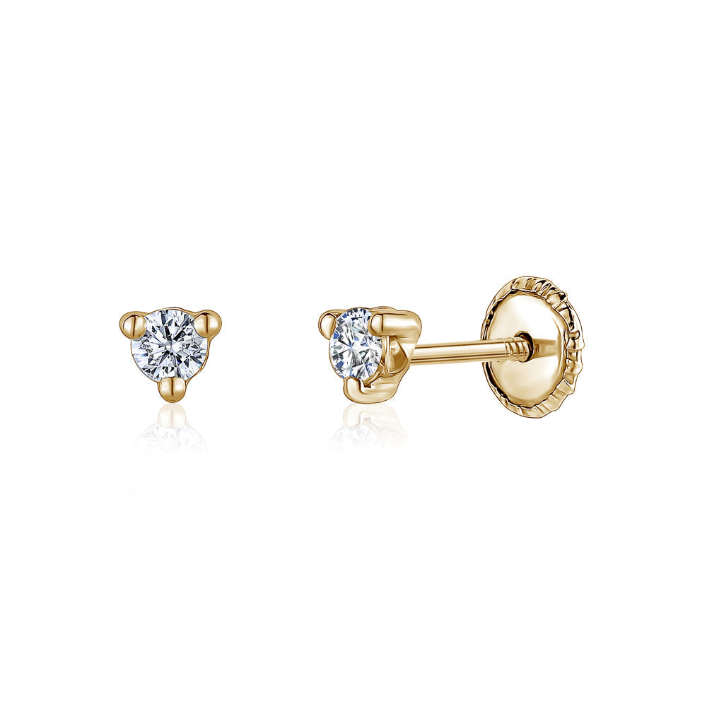 14k Gold 3 Prong Simulated Diamond Stud Earrings Martini Style| 3mm 4mm 5mm | Covered Screwback