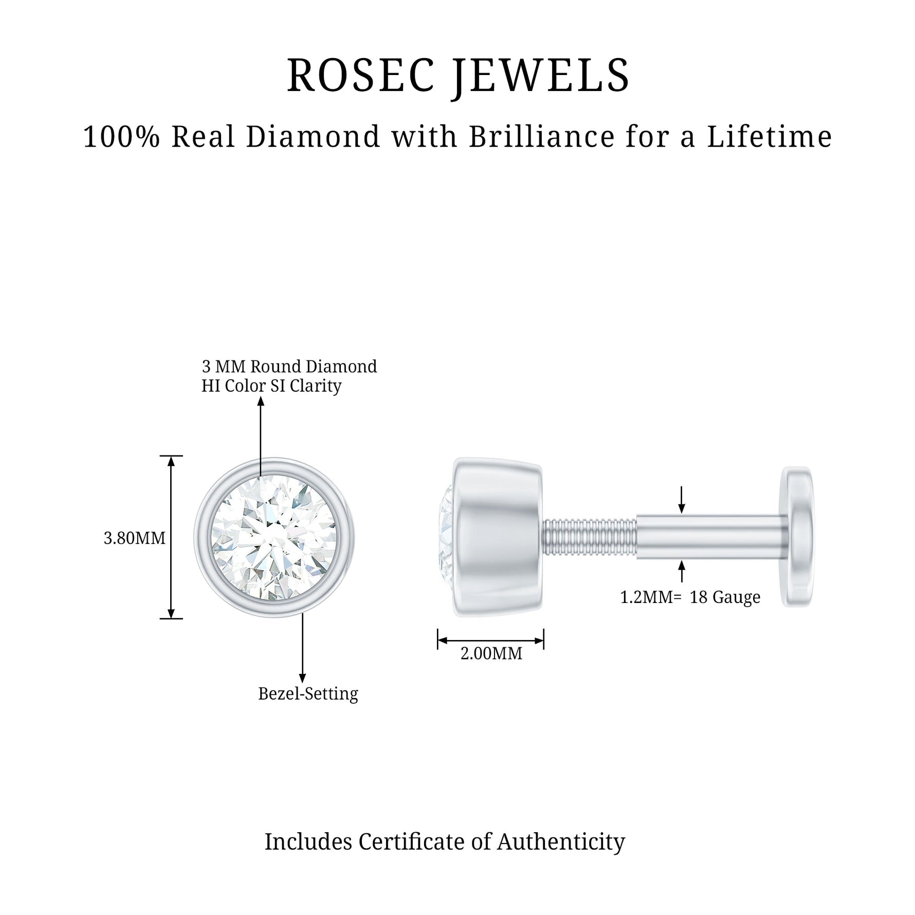 Bezel Set Diamond Cartilage Earring with Flat Back
