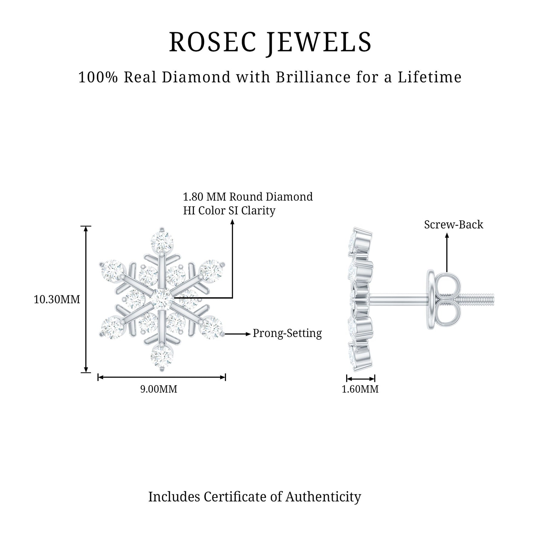 Certified Diamond Snowflake Stud Earrings with Screw Back