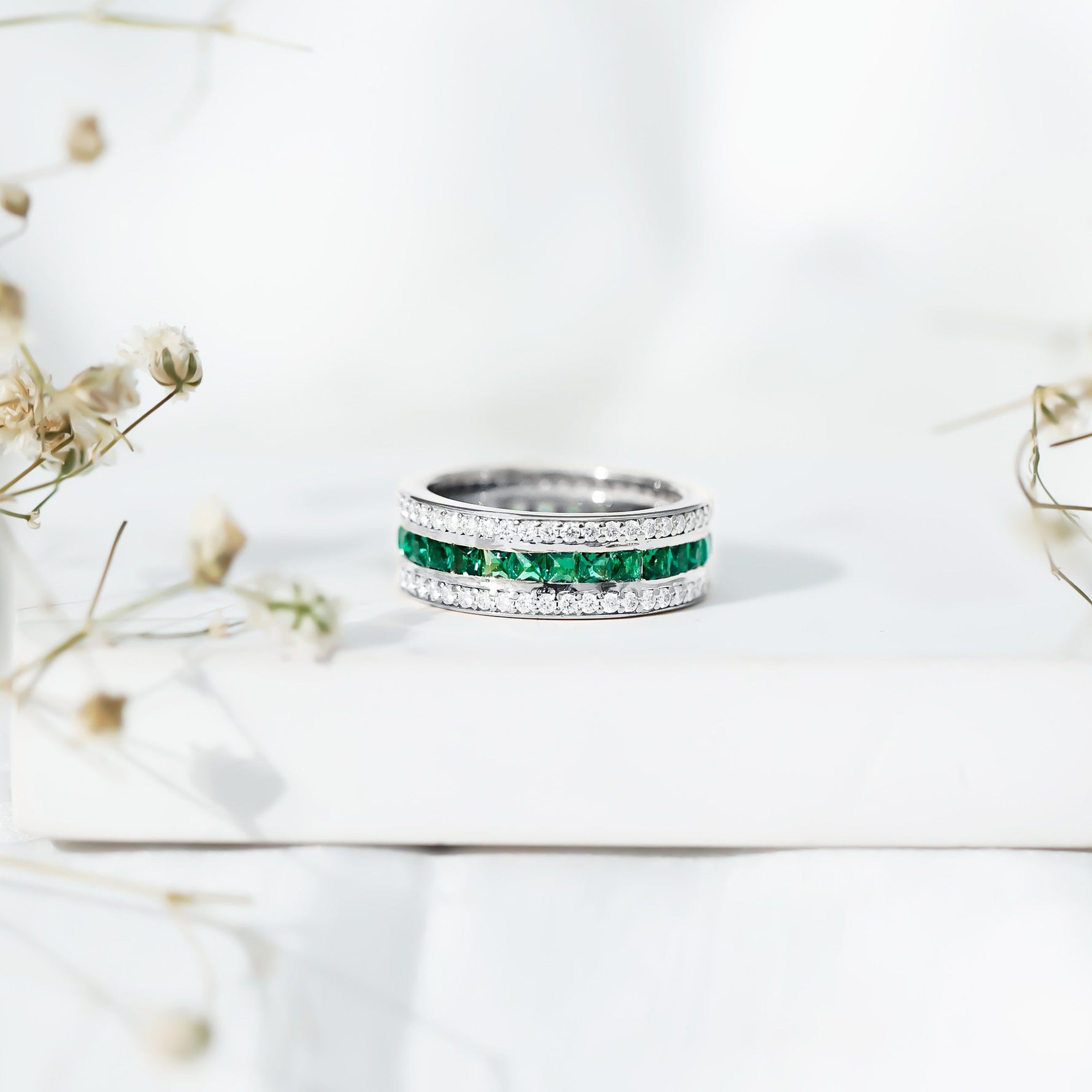 Certified Lab Grown Emerald 3 Row Eternity Wedding Band