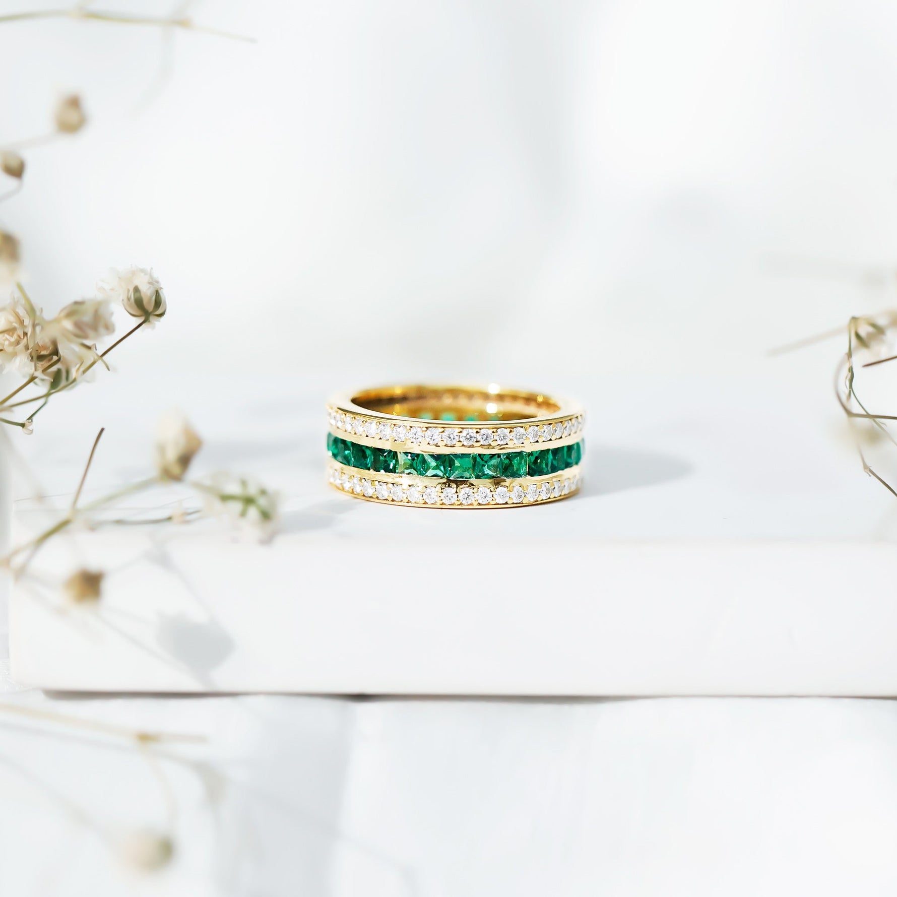 Certified Lab Grown Emerald 3 Row Eternity Wedding Band