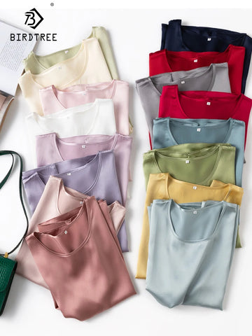 Birdtree 19 Mm 100% Mulberry Silk Tshirts Summer Women O Necks Half