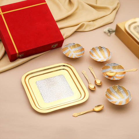 Brass Silver & Gold Finish 4 Bowl & 4 Spoon And 1 Tray Set With Velvet box | TRAY span LENGTH-0