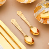 Brass Silver & Gold Finish 4 Bowl & 4 Spoon And 1 Tray Set With Velvet box | TRAY span LENGTH-2