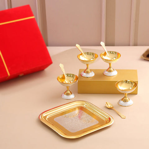 Brass Silver & Gold Finish 4 Ice Cream Bowl & 4 Spoon And 1 Tray Set With Velvet box | TRAY span LENGTH-0