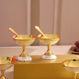 Brass Silver & Gold Finish 4 Ice Cream Bowl & 4 Spoon And 1 Tray Set With Velvet box | TRAY span LENGTH-2