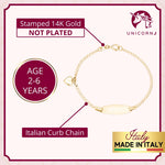 14k Gold ID Bracelet Engravable Girls Boys Kids Baby Gold Heart Charm Curb Chain Made in Italy