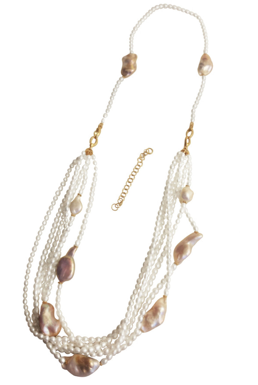 White on Rice-White baroque pearls on white rice pearls-Multistrand necklace bracelet set