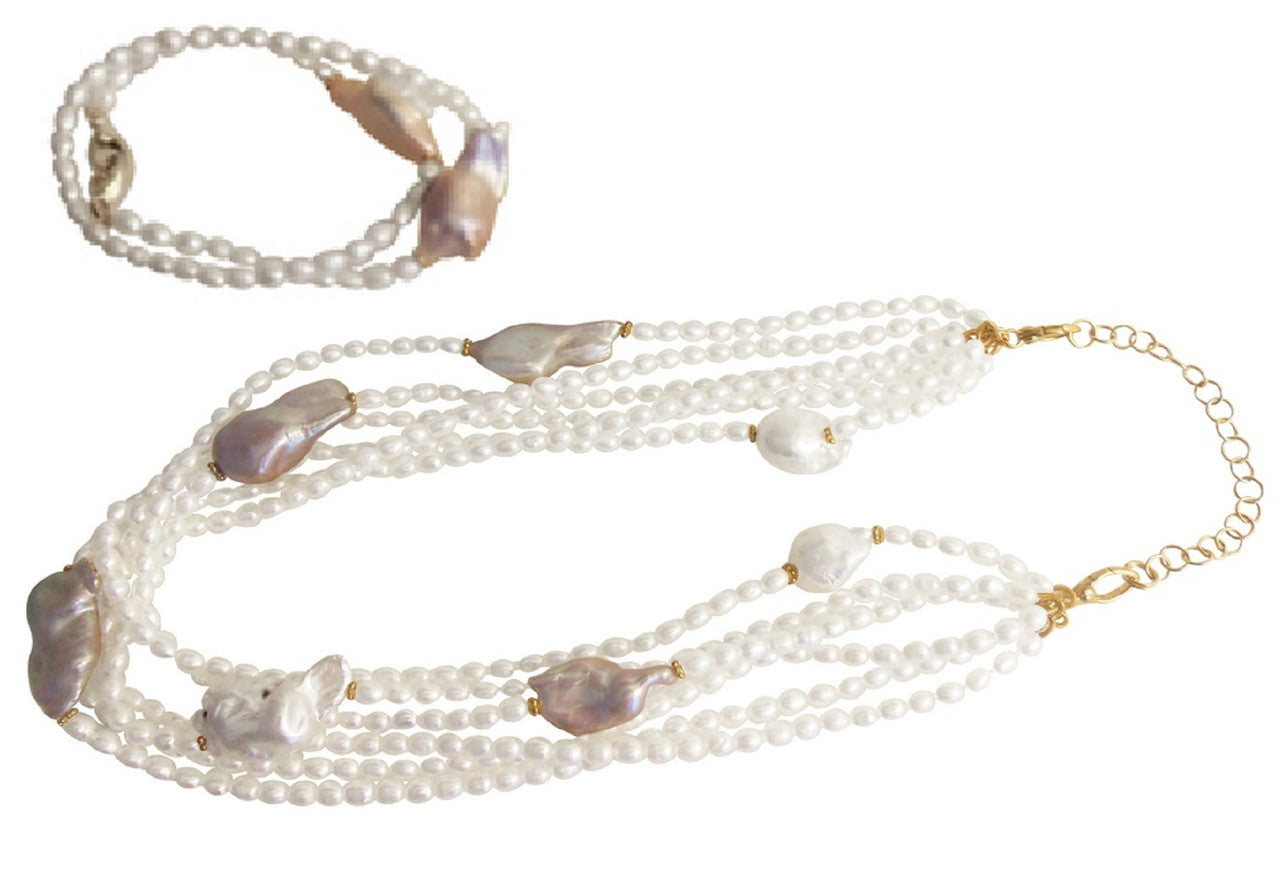 White on Rice-White baroque pearls on white rice pearls-Multistrand necklace bracelet set