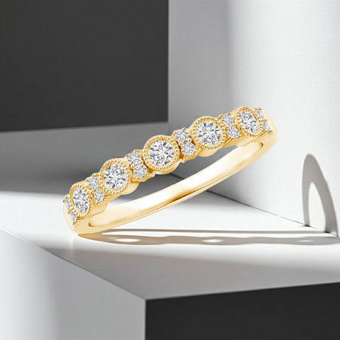 Round Cut Half Bezel Stud 14K Solid Gold Diamond Wedding Ring Band-0