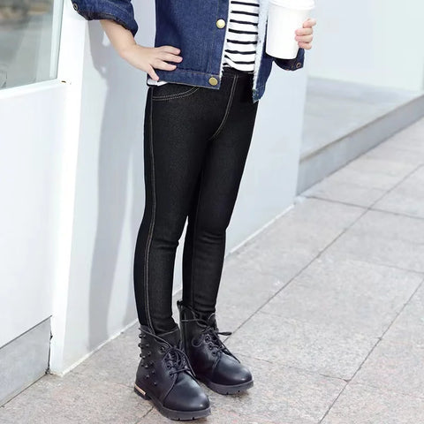Girls Winter Cowboy Denim Long Pants Kids Thicken Warm Bootcuts Skinny Thick Leggings with Fleece Elastic Waist Trousers