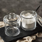 Set of 3 Glass Sugar Bowl with Lid and Sugar Serving Spoon, Wooden Tray with Hanging Lids, Salt and Spice Holder